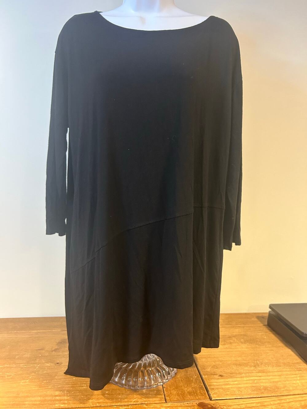 Eileen Fisher Sz L Black Tunic Length Jersey Top 3/4 Sleeve Stretch Staple Base